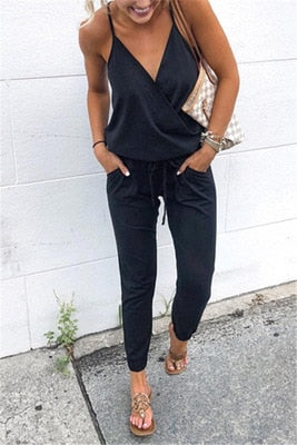 New Arrival Sexy Off Shoulder Sleeveless Lace Up Belts Jumpsuits Summer Women Solid Casual Pockets Long Rompers Women Jumpsuits