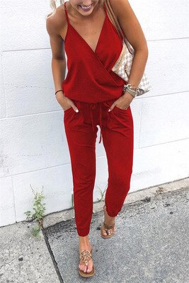 New Arrival Sexy Off Shoulder Sleeveless Lace Up Belts Jumpsuits Summer Women Solid Casual Pockets Long Rompers Women Jumpsuits