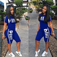Fanco  Casual Pink Letter Print Women Two Piece Set New Summer Rompers Sexy Striped T-Shirts And Skinny Pants 2pcs Outfits