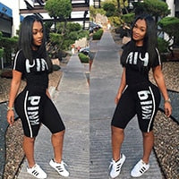 Fanco  Casual Pink Letter Print Women Two Piece Set New Summer Rompers Sexy Striped T-Shirts And Skinny Pants 2pcs Outfits