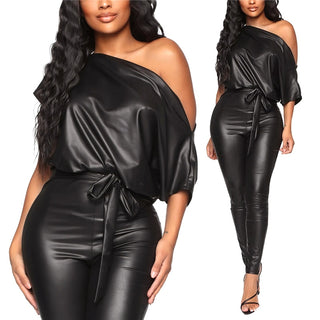 2020 New Fashion Women PU Leather Romper Sexy Black Crew Neck Wet Look Bodycon Bandage Party Club Jumpsuits
