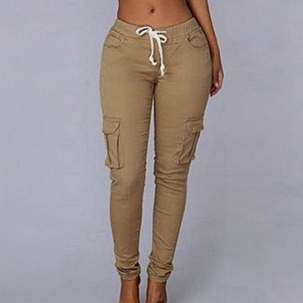 Women Pants Fitness Solid Trousers Casual Female Multi-Pockets Drawstring Tie Trousers Slight  Pencil Pants Oversized 2020
