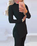 Women Winter 2pcs Suit Long Sleeve Ribbed Slit Long Top and High Waist Knitted Pencil Pants Set