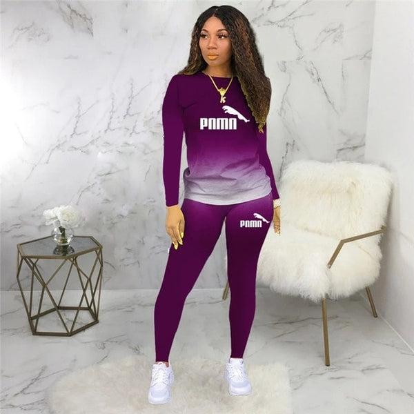 Two Piece Women  Base Set Tracksuit Casual Sports Gradient Print Top  Fall 2020 Printed Long Sleeve Sports Suit 5XL Big Size