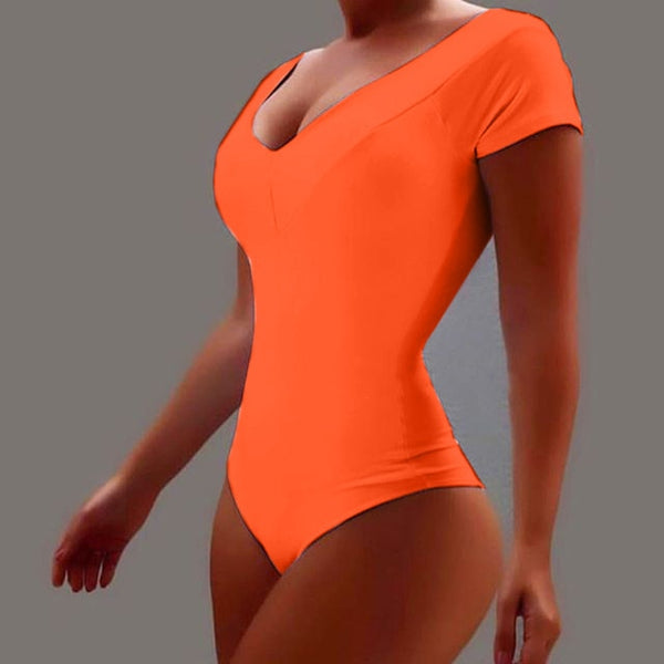 2021 Summer Casual Short Sleeve V-neck Plus Size Jumpsuit Women's Solid Color Sexy Lingerie Bodysuits Simple Ladies Rompers